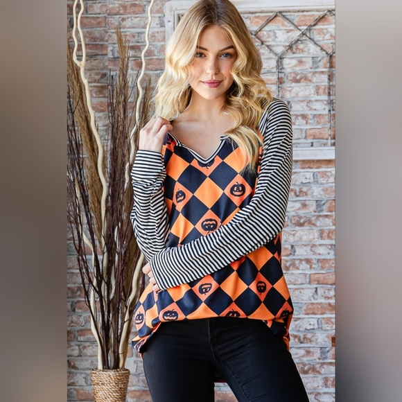 Heimish Full Size Checkered Contrast Striped Long Sleeve T-Shirt - Picture 8 of 8